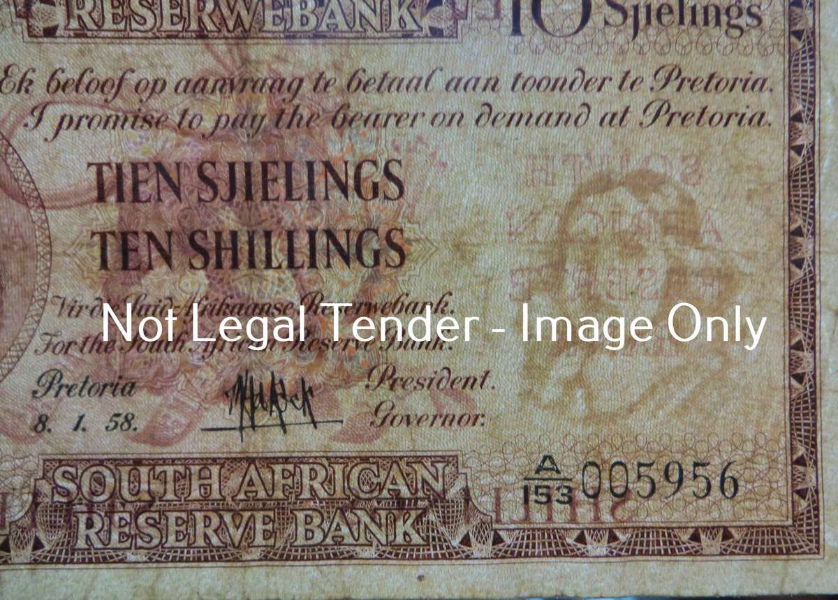 1958 MH De Kock 10 Shillings Note A153 #005956