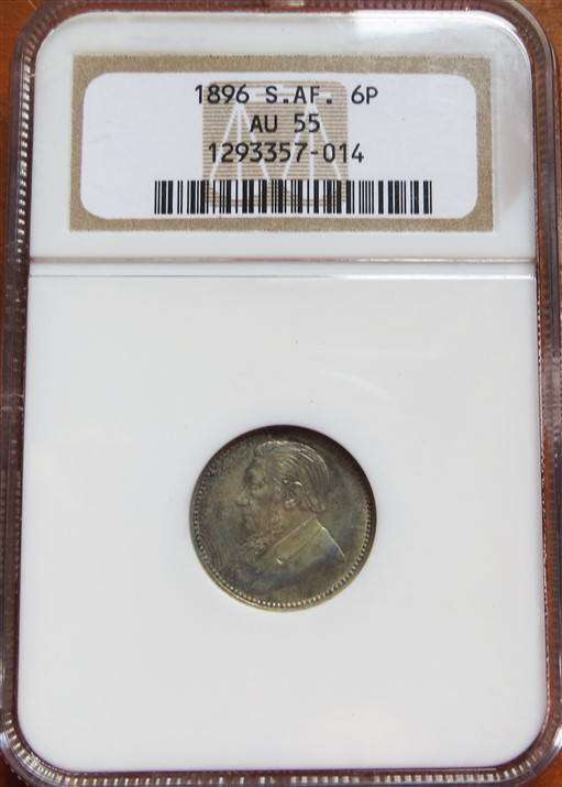 1896 ZAR 6d Sixpence Silver AU55 NGC - Old slab