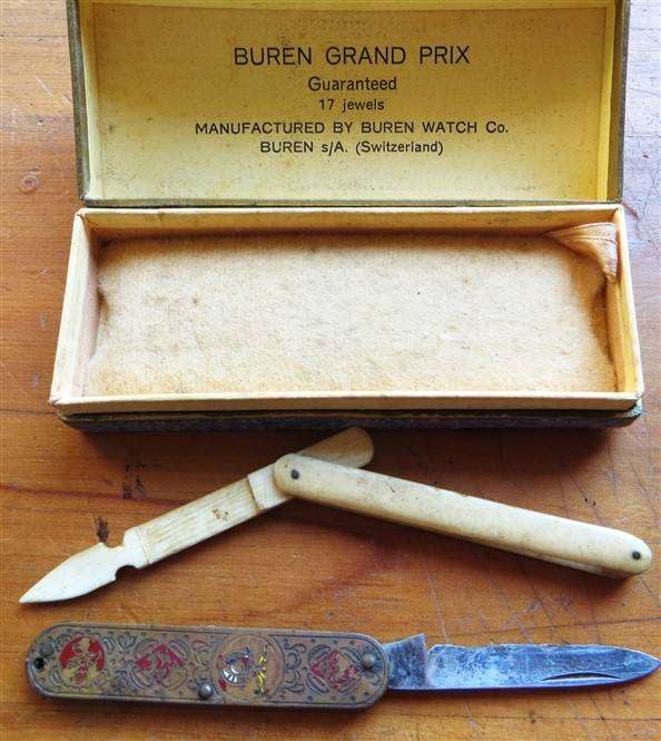 Ornate Vintage Pocket Knife + Bone Letter Opener in an old Buren Box