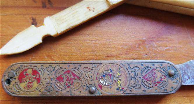 Ornate Vintage Pocket Knife + Bone Letter Opener in an old Buren Box