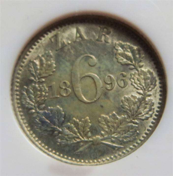 1896 ZAR 6d Sixpence Silver AU55 NGC - Old slab