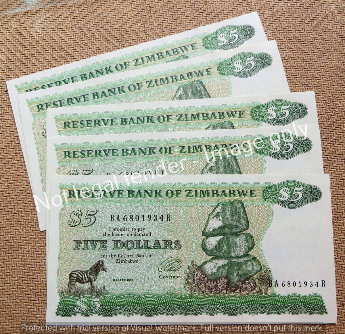 5 x Zimbabwe $5 Consecutive In Sequence Notes - Condition