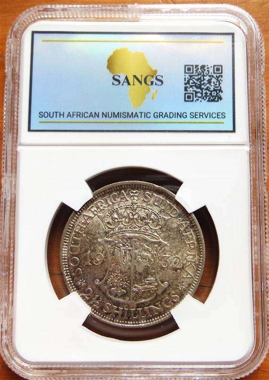 1932 SA Union 2/6 Half Crown SANGS AU53 Graded Coin