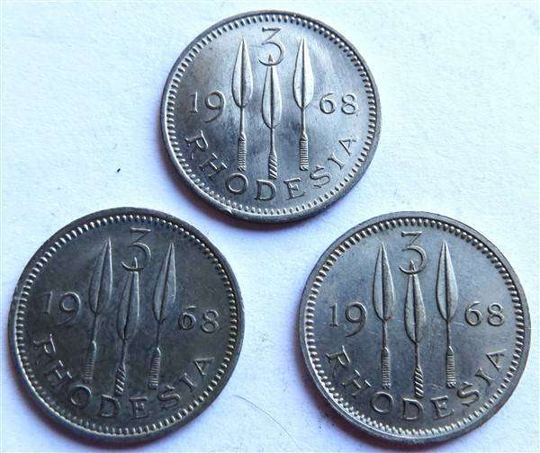 3 x 1968 Rhodesia 3d Coins - All 3 for 1 Bid - See Condition