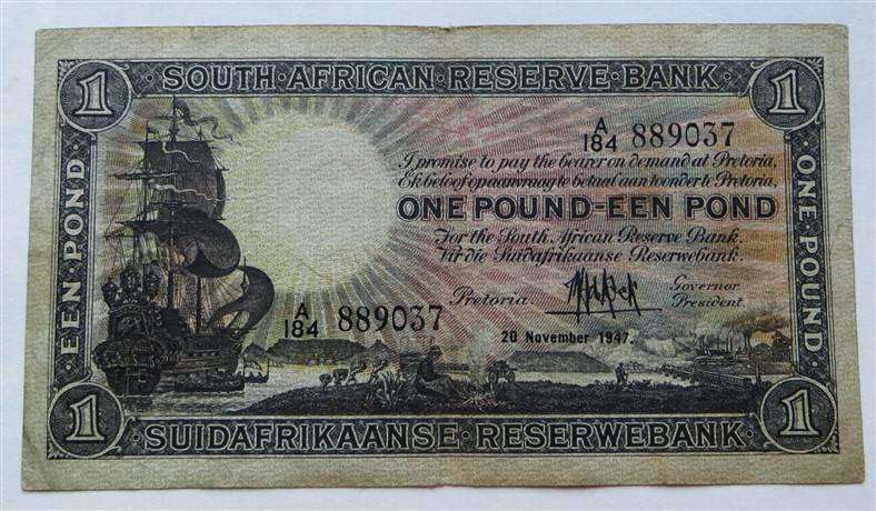 MH De Kock 1947 1 Pound Note A184 #889037 Eng/Afr