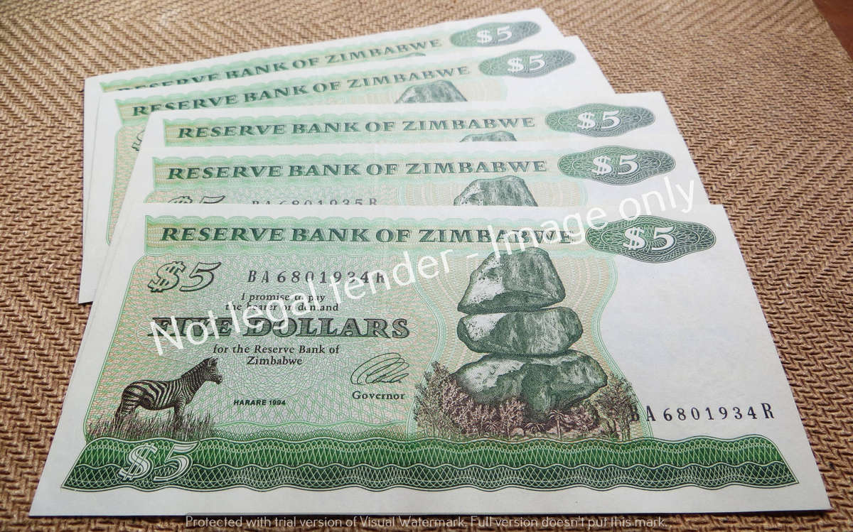 5 x Zimbabwe $5 Consecutive In Sequence Notes - Condition