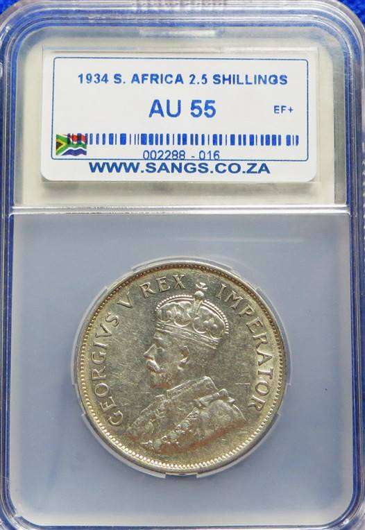 1934 SA Union Silver 2/6 Halfcrown SANGS AU55