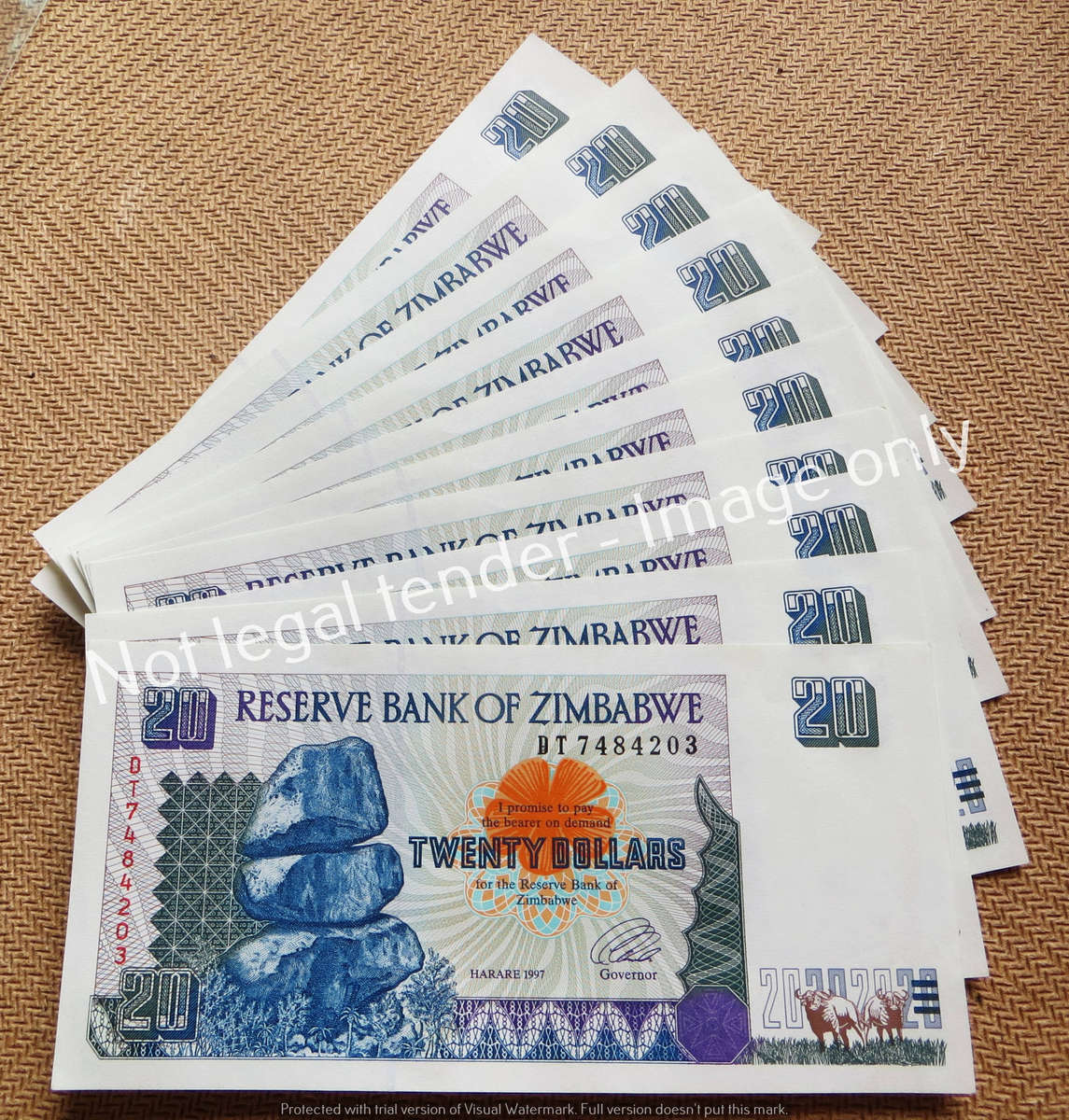 10 x 1997 Zimbabwe $20 Consecutive In Sequence Notes - Condition