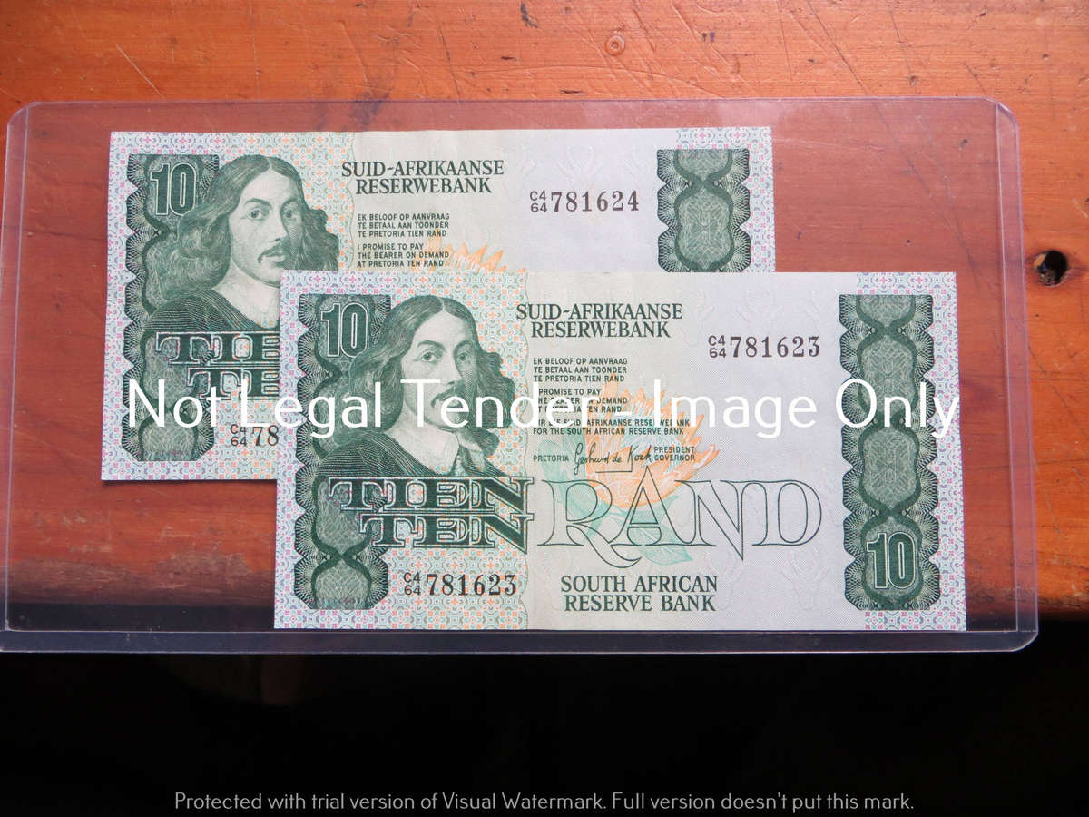 2 x GPC De Kock 10 Rand Notes in Sequence #C464 781623-4