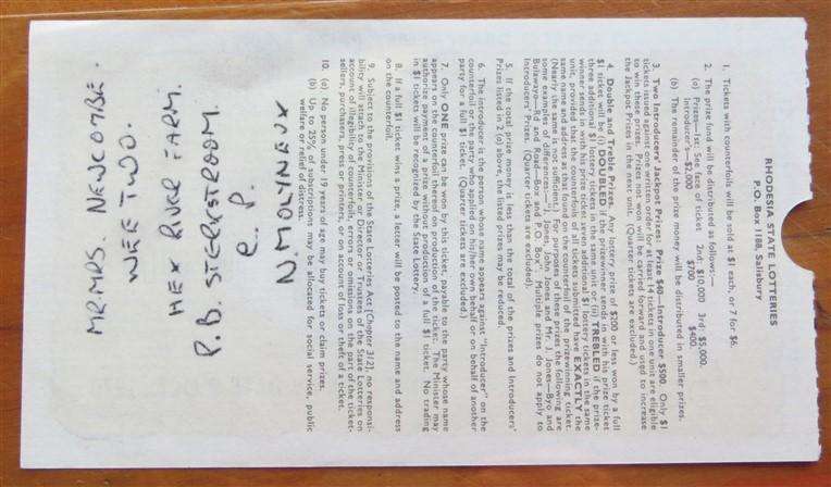 Rhodesia State Lottery Ticket - 1970 - $1