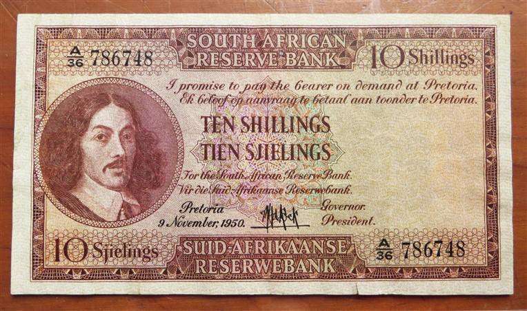 1950 MH De Kock 10 Shillings Note A36 #786748 - see pics for Condition