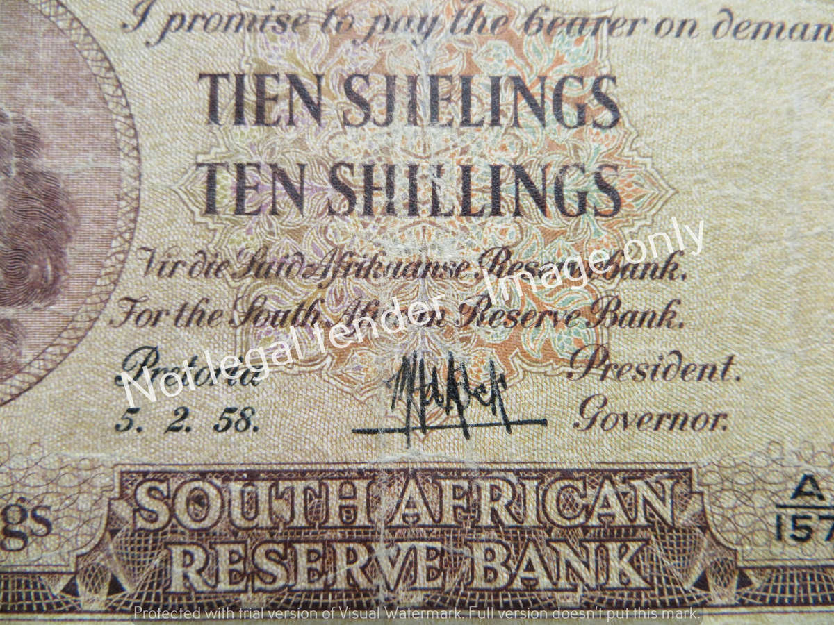 1958 MH De Kock 10 Shillings Note A157 #636822 Afr/Eng
