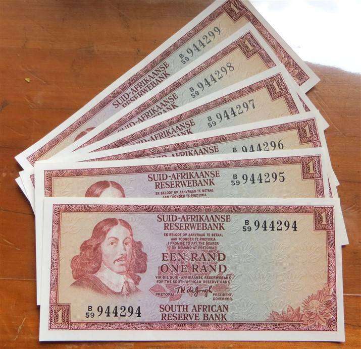 6 x TW De Jongh R1 Notes in sequence  B59 #944294-99