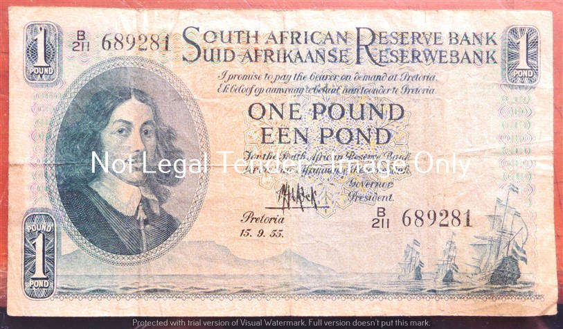 MH De Kock 1 Pound Note #B211 689281 (1955)