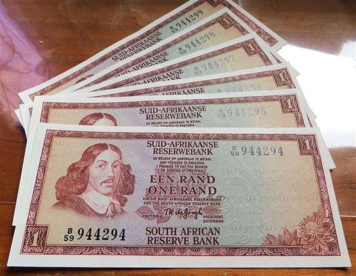 6 x TW De Jongh R1 Notes in sequence  B59 #944294-99