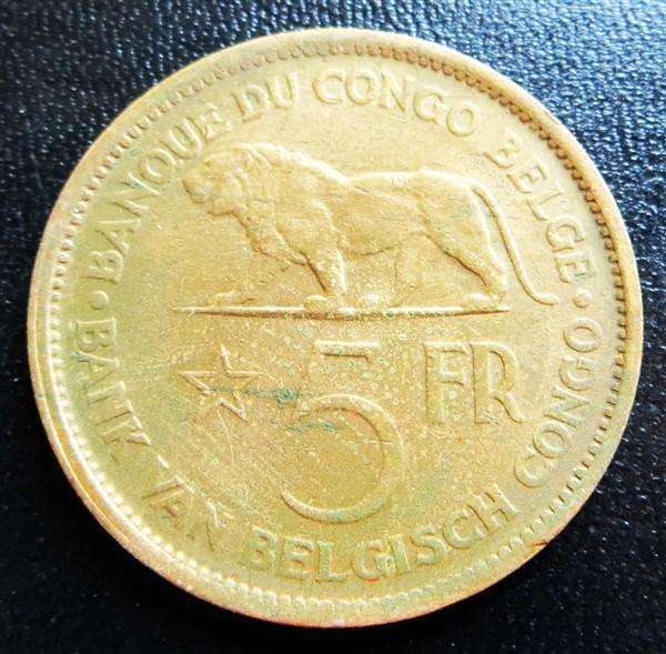 1936 Leopold III Belgium Congo 5 Frans Coin