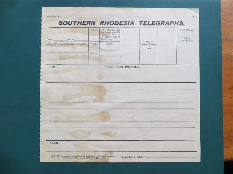 Southern Rhodesia Post Office Telegraph Form - Unused