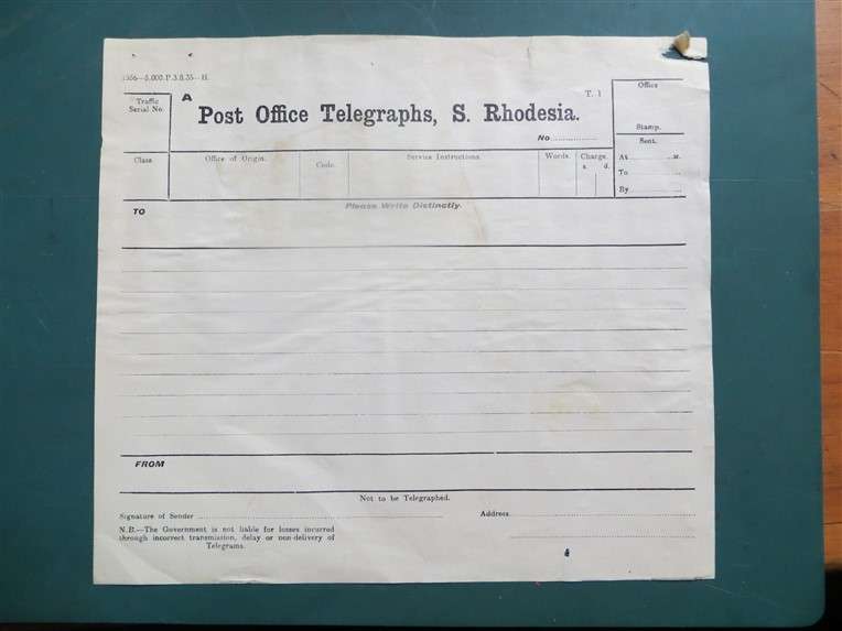 Southern Rhodesia Post Office Telegraph Form - Unused