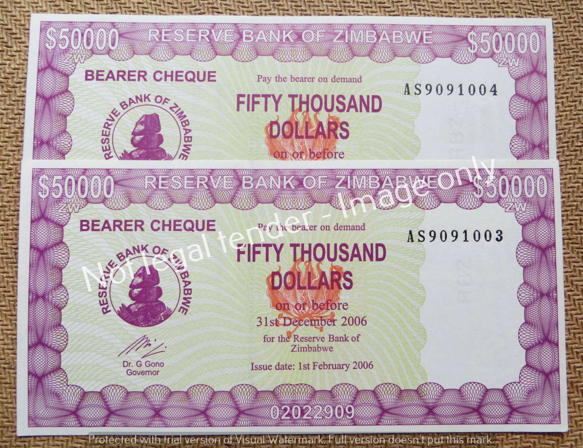 2 x 2006 Zimbabwe AS Prefix 50 000 Dollars Consecutive In Sequence Bearer Cheques - Condition