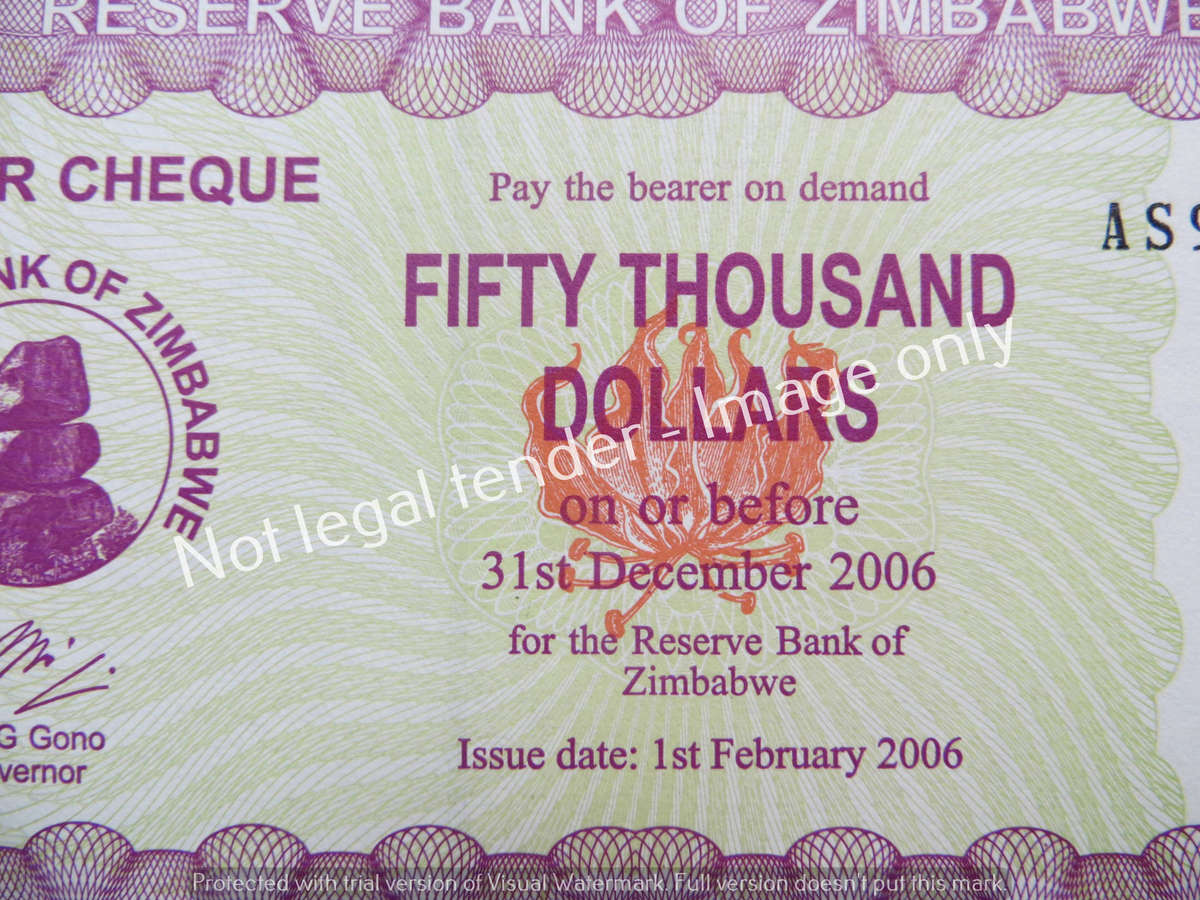 2 x 2006 Zimbabwe AS Prefix 50 000 Dollars Consecutive In Sequence Bearer Cheques - Condition
