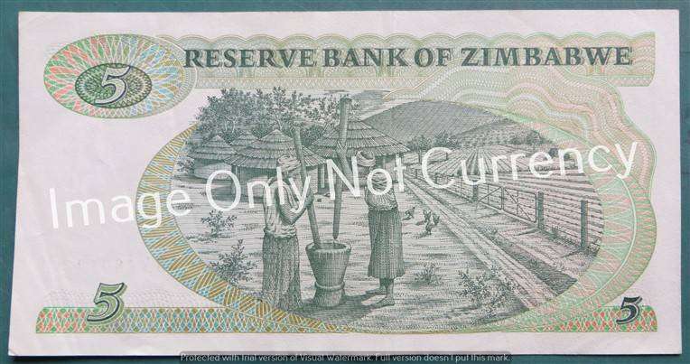 1994 Zimbabawe $5 Note - BA #6801926 Long Neck Bird Watermark