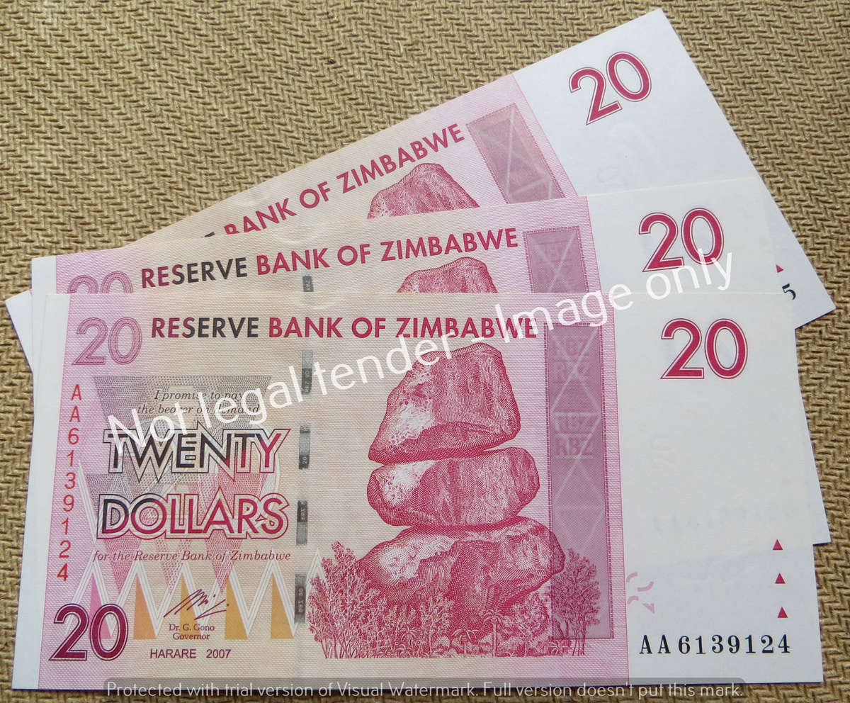 3 x 2007 Zimbabwe AA Prefix $20 Dollars Consecutive In Sequence Notes - Condition
