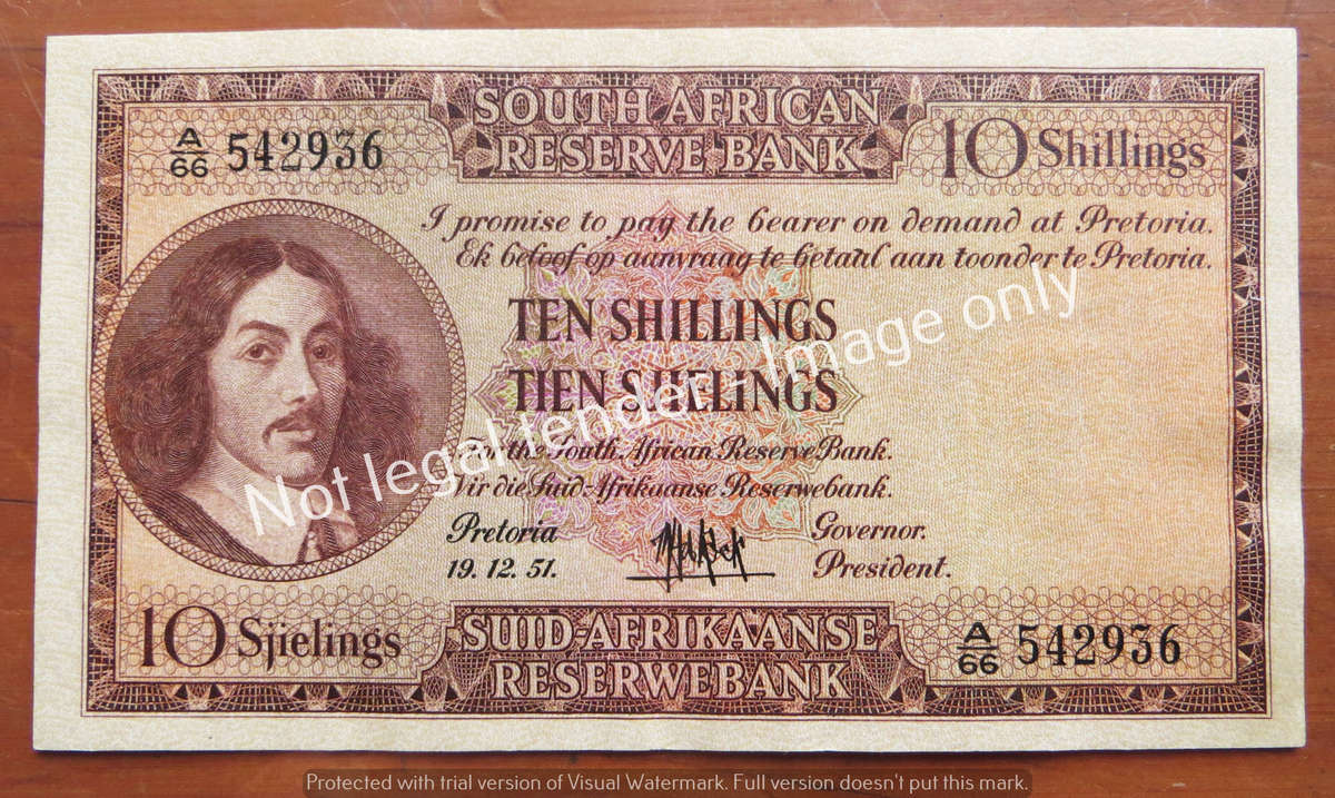 MH De Kock 1951 10 Shillings Note #A66 542936 Eng/Afr