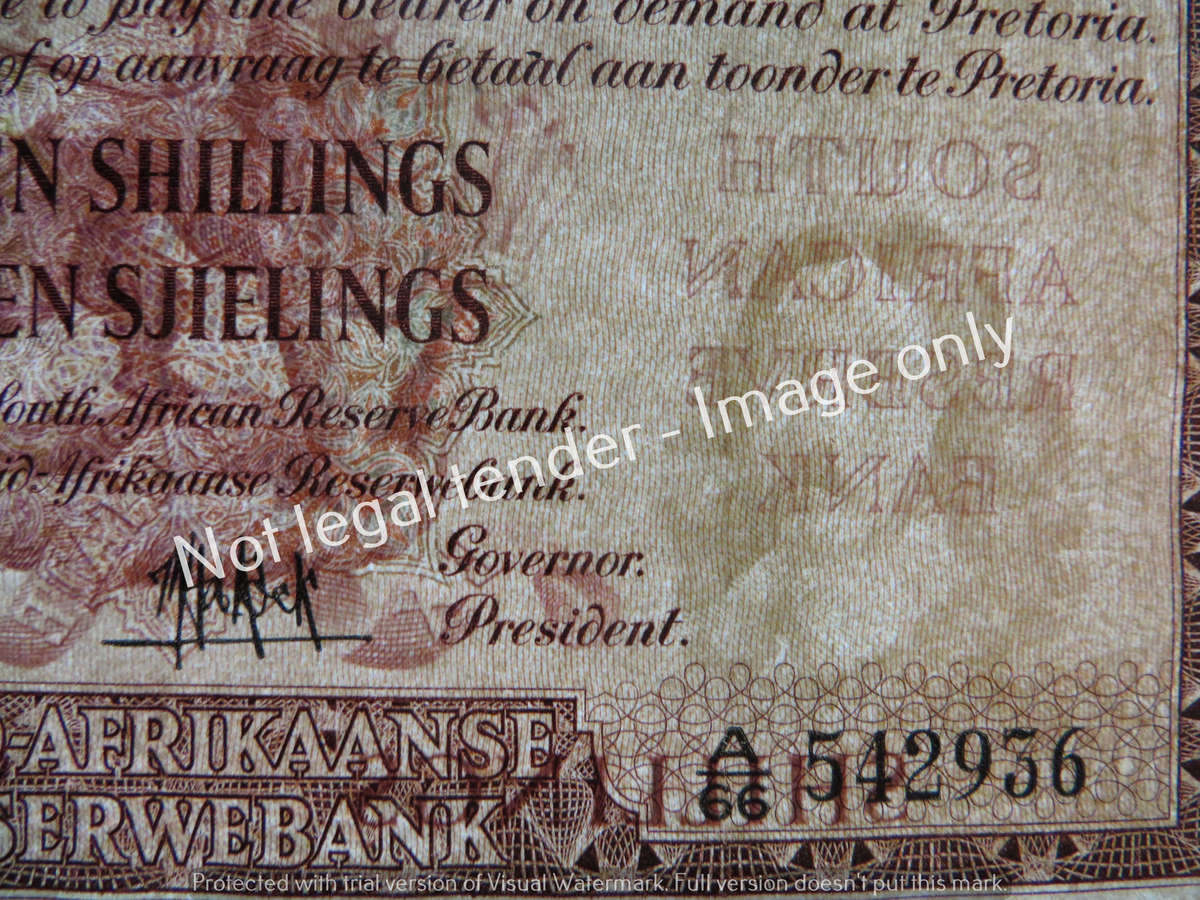 MH De Kock 1951 10 Shillings Note #A66 542936 Eng/Afr