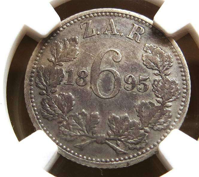 1895 ZAR Silver 6d Six Pence NGC XF40 Coin