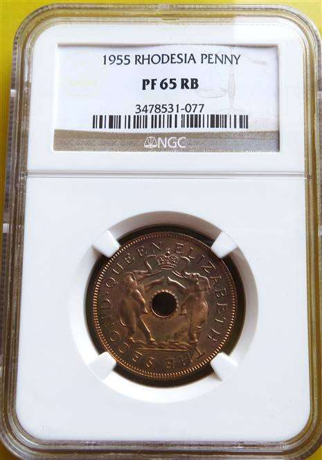 1955 Southern Rhodesia 1d Penny NGC PF65RB - Scarce High Grade