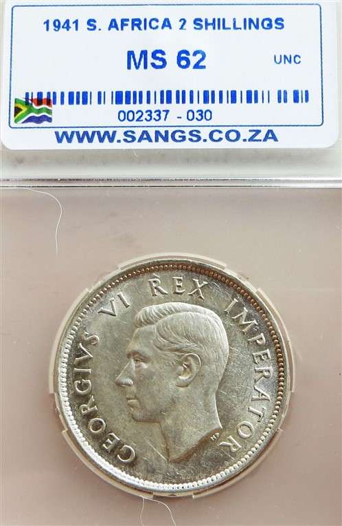 1941 SA MS62 SANGS Silver 2 Shillings Graded