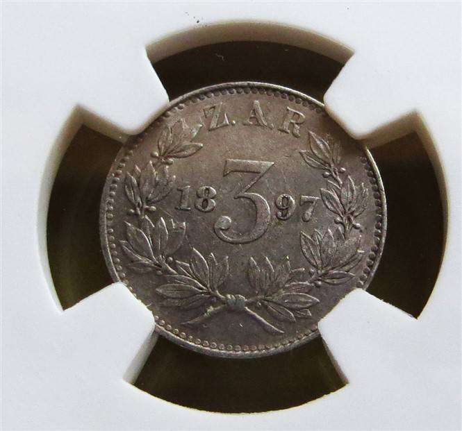 1897 ZAR 3d Threepence Silver SANGS AU58
