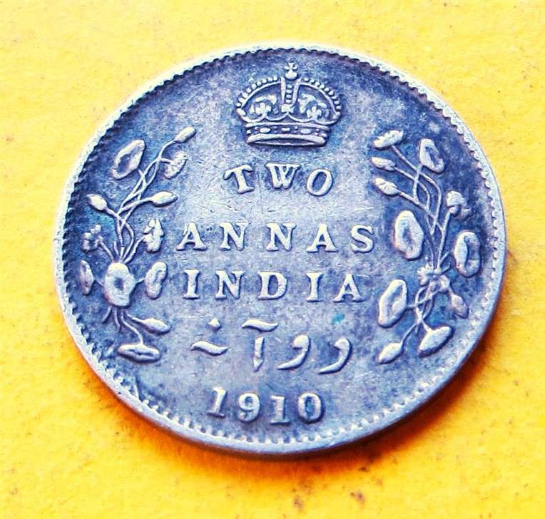 1910 India 2 Annas Silver Coin