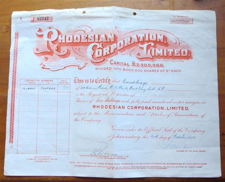 Rhodesian Corporation Limited Share Certificate