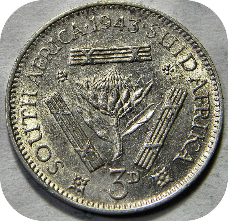 Bargain SA Union:  Lustrous 1943 Tickey 3d in EF below R90!