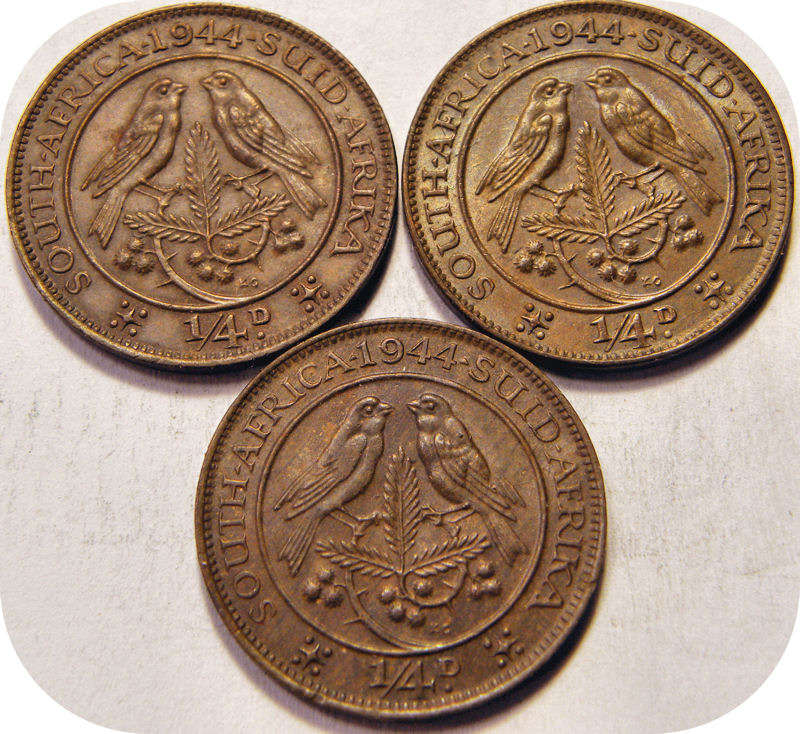 Top Grade SA Union:  Three 1944 Farthings 1/4d in A/UNC!