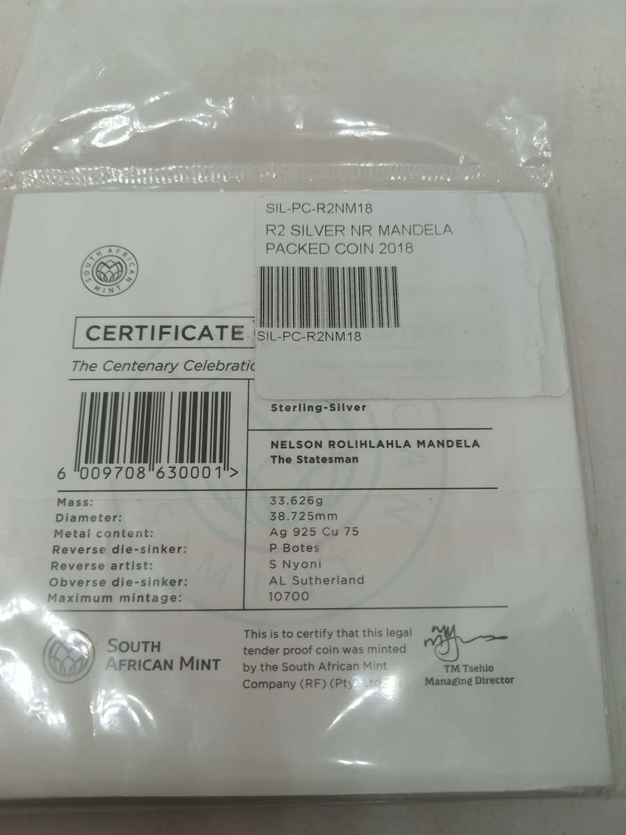 Proof 2018 Nelson Mandela 1 Onz Silver R50 Coin. Sealed