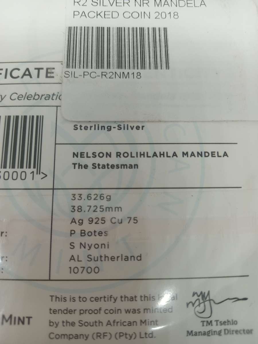 Proof 2018 Nelson Mandela 1 Onz Silver R50 Coin. Sealed