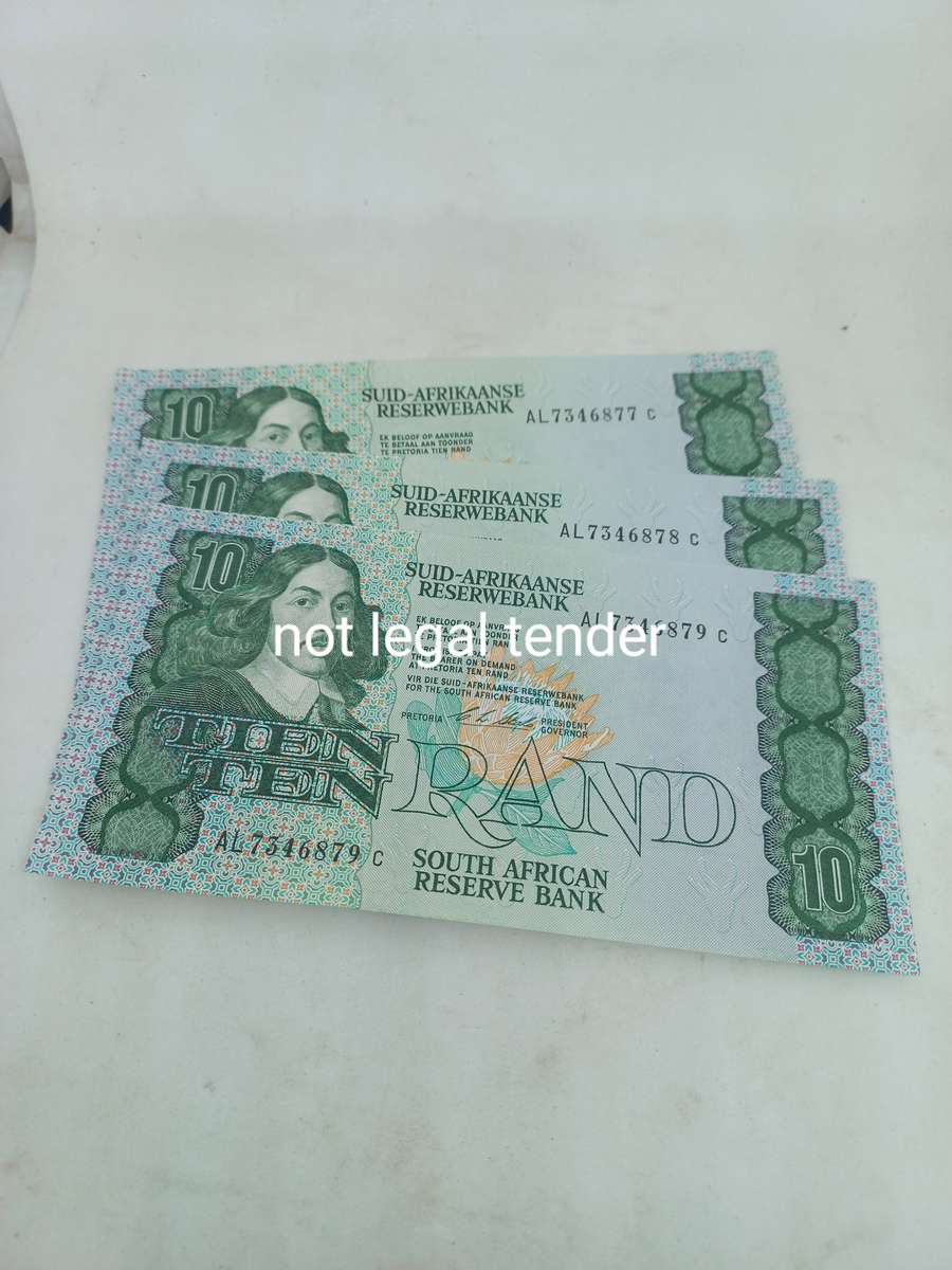 3 Sequential C Stals 1st Issue Afr/Eng Ten Rand Banknote (AL) UNC