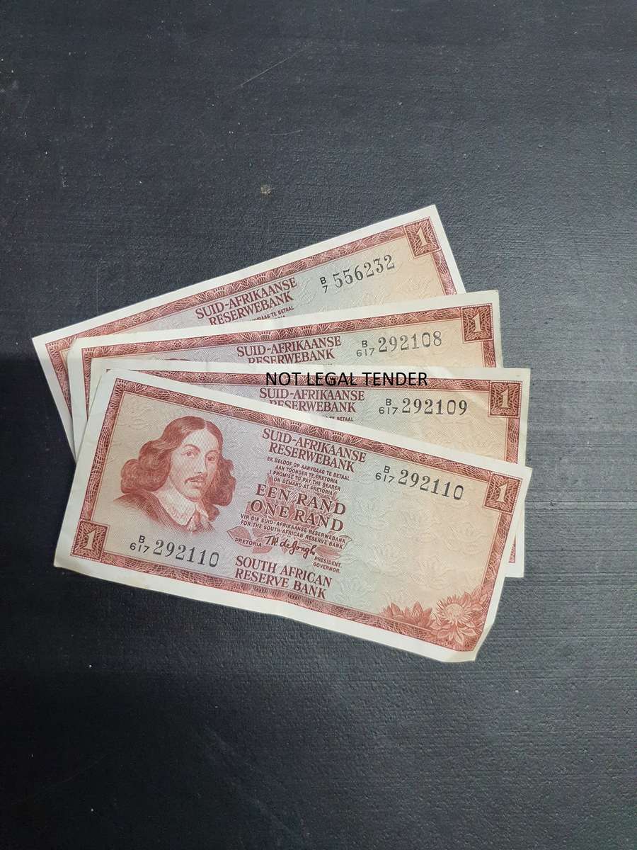 3 Sequential  1989 TW de Jongh various  Issue Afr/Eng One Rand Banknotes. (B617)