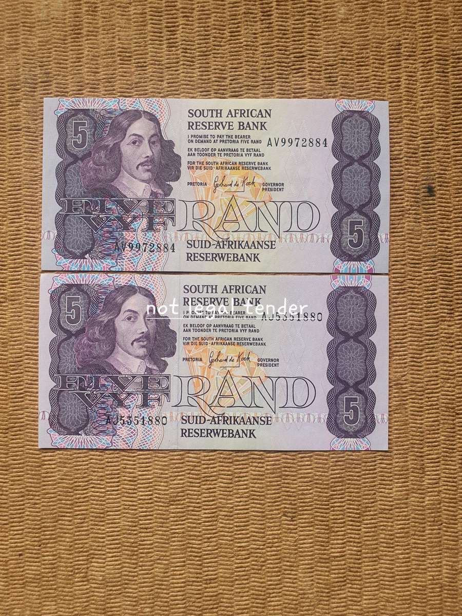 2 Unc 1984 3rd issue Eng/Afr Five Rand Banknotes (AJ/AV)
