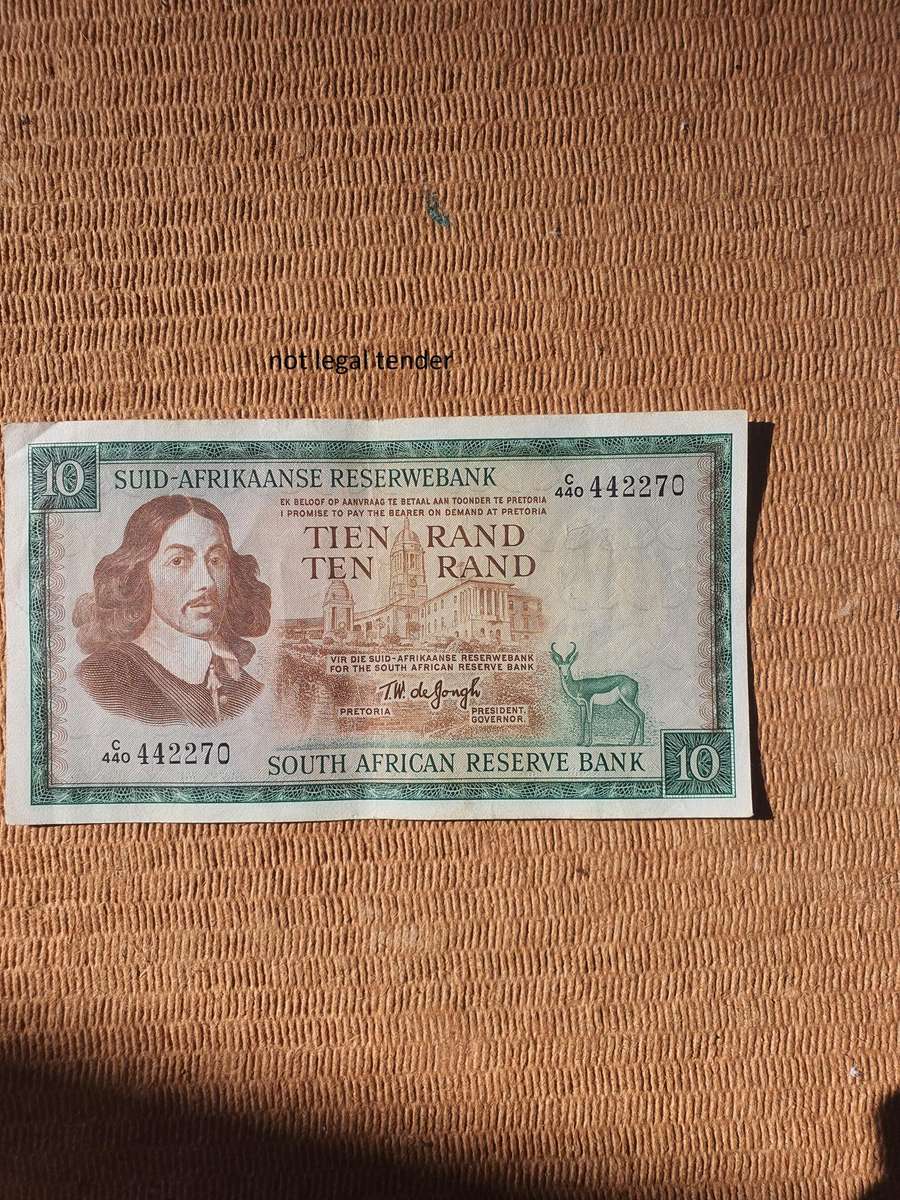 1975 Tw de Jongh 3rd issue Afr/Eng Ten Rand Banknote. (A440)