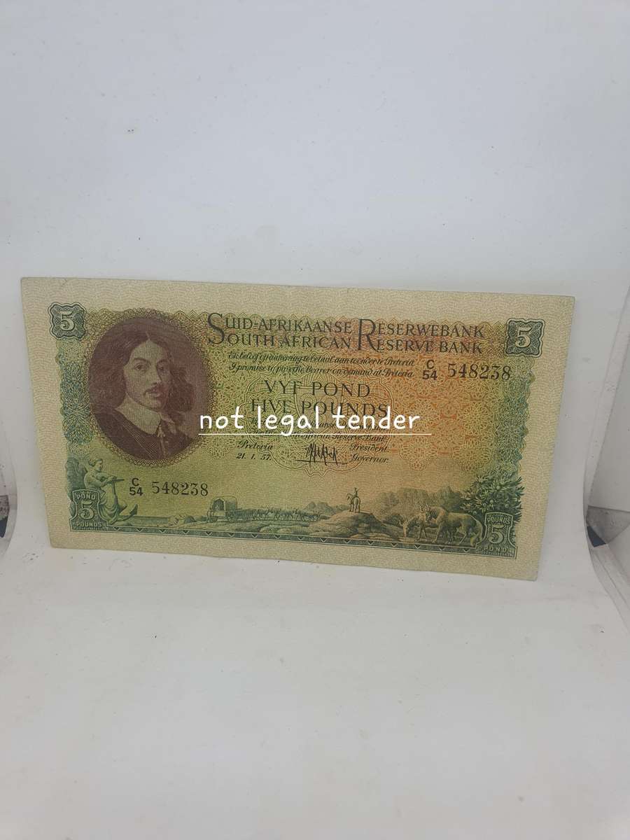 1957 MH de Kock South African 3rd Issue Afr/Eng Five Pound Banknote (C54)
