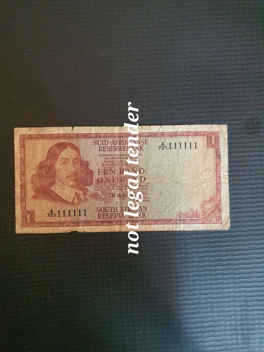 1978 TW de Jongh 1st issue One Rand  Banknote Springbok Watermark Serial A721 111111