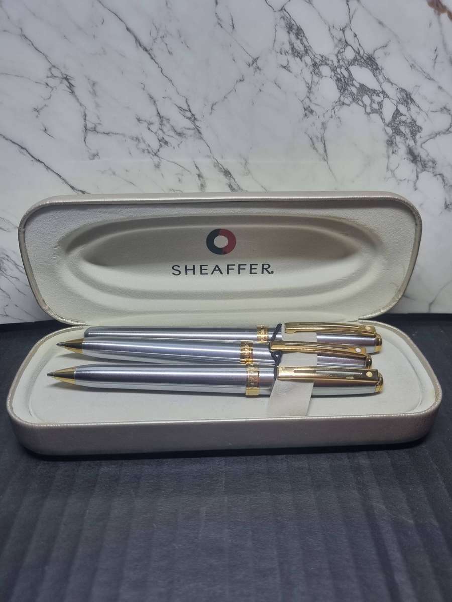 Sheaffer white dot Fountain Pen Rollerball Pen and Pencil Brushed Silver Set