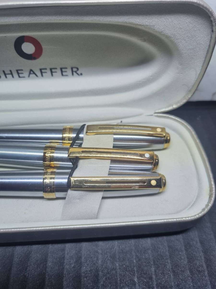 Sheaffer white dot Fountain Pen Rollerball Pen and Pencil Brushed Silver Set