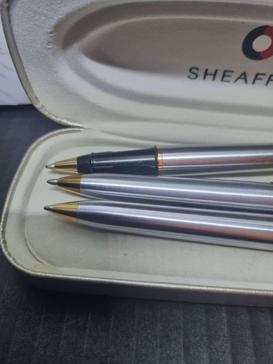 Sheaffer white dot Fountain Pen Rollerball Pen and Pencil Brushed Silver Set