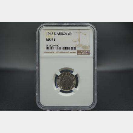 1942 South African 6D Sixpence NGC Graded MS61