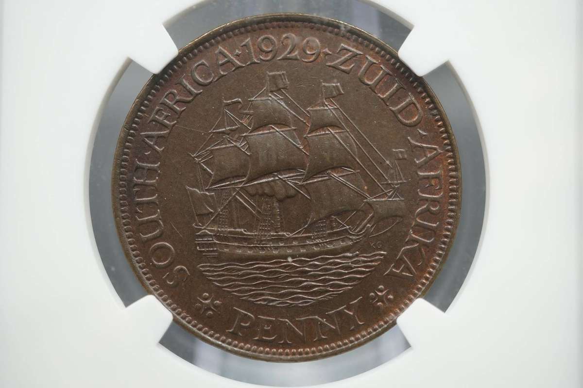1929 South African Half Penny NGC Graded MS63RB. Rare Red Brown