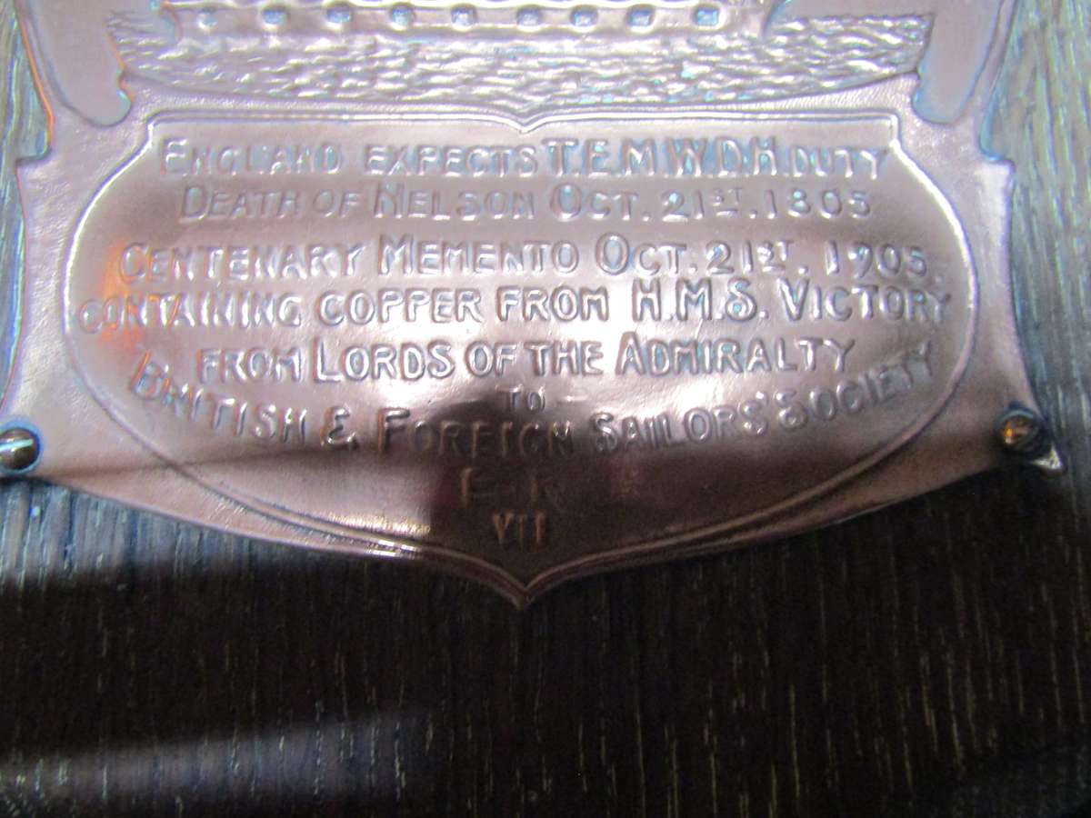 Commemorative plaque marking 100 Years of the death of Admiral Nelson and made with copper from ship